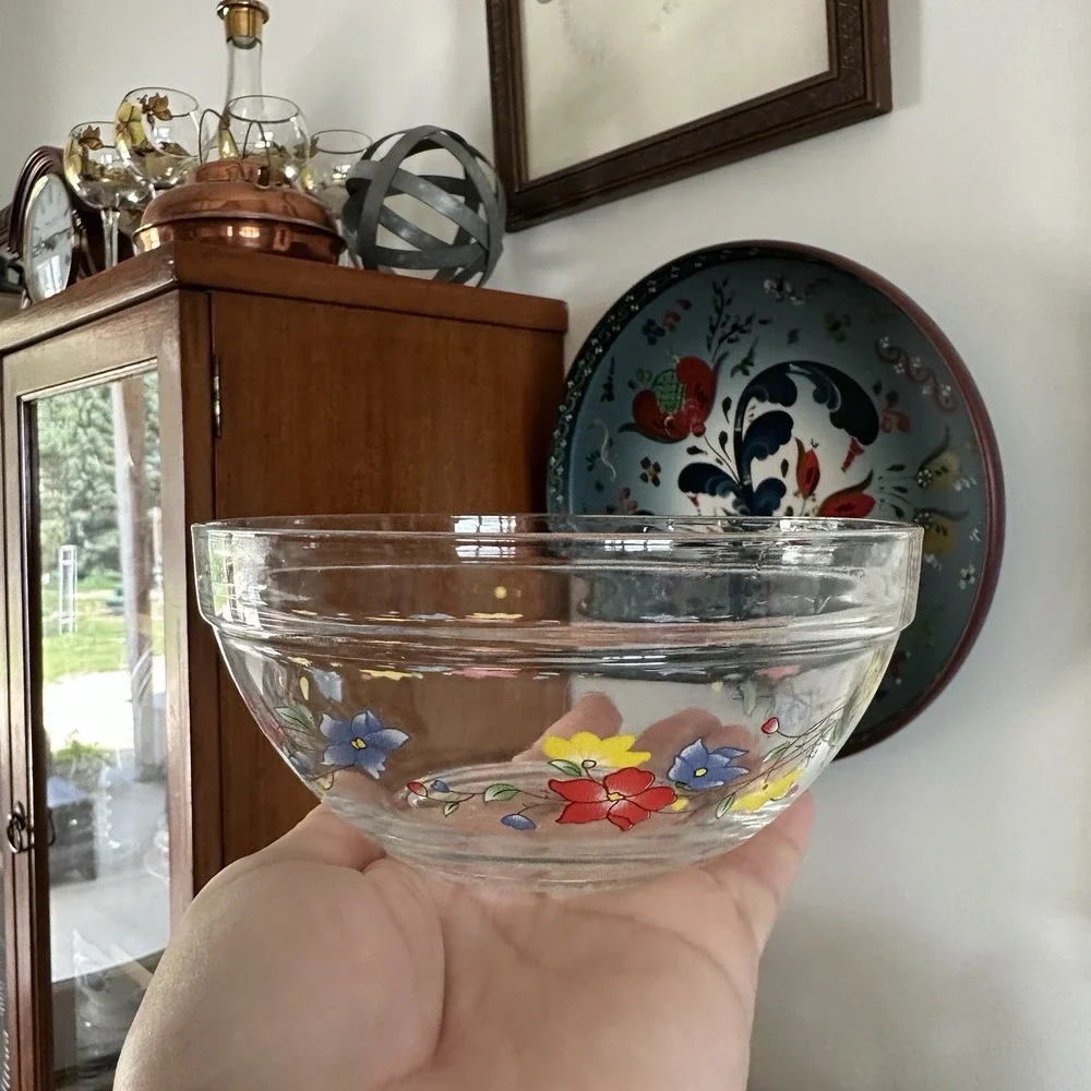 Set of 4 Vintage Clear Heatproof Glass Nesting Bowls 90s Fruit Border 5.5